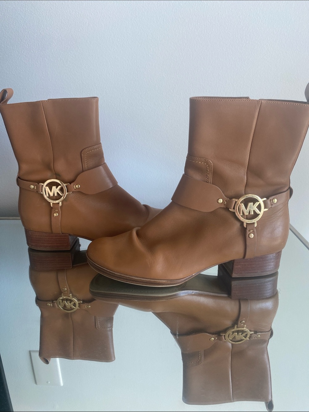 Michael Kors Brown Leather Mid-Calf Boots with Gold MK Emblem